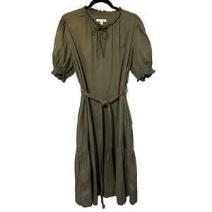 Free Assembly Ruffle Neck Belted Midi Dress Short Sleeve Green XL